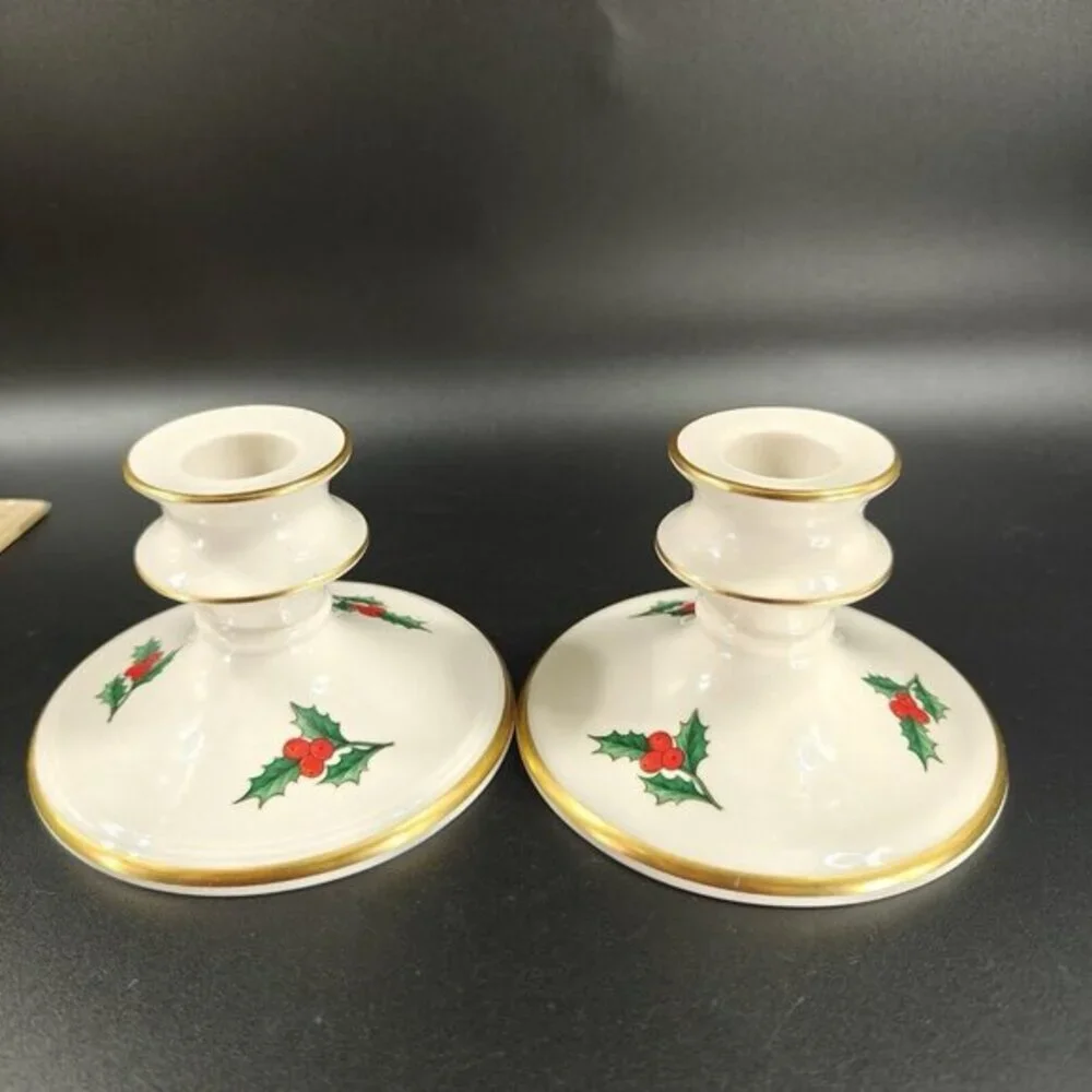 Pickard China Hand‎ Decorated Poinsettia Candle Stick Holder Set 2 Porcelain USA
